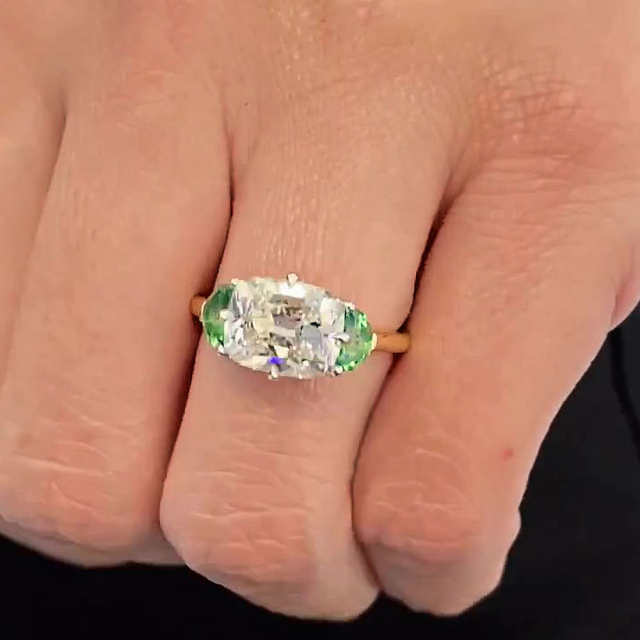 5ct Three-Stone Cushion Cut Green Sapphire Engagement Ring