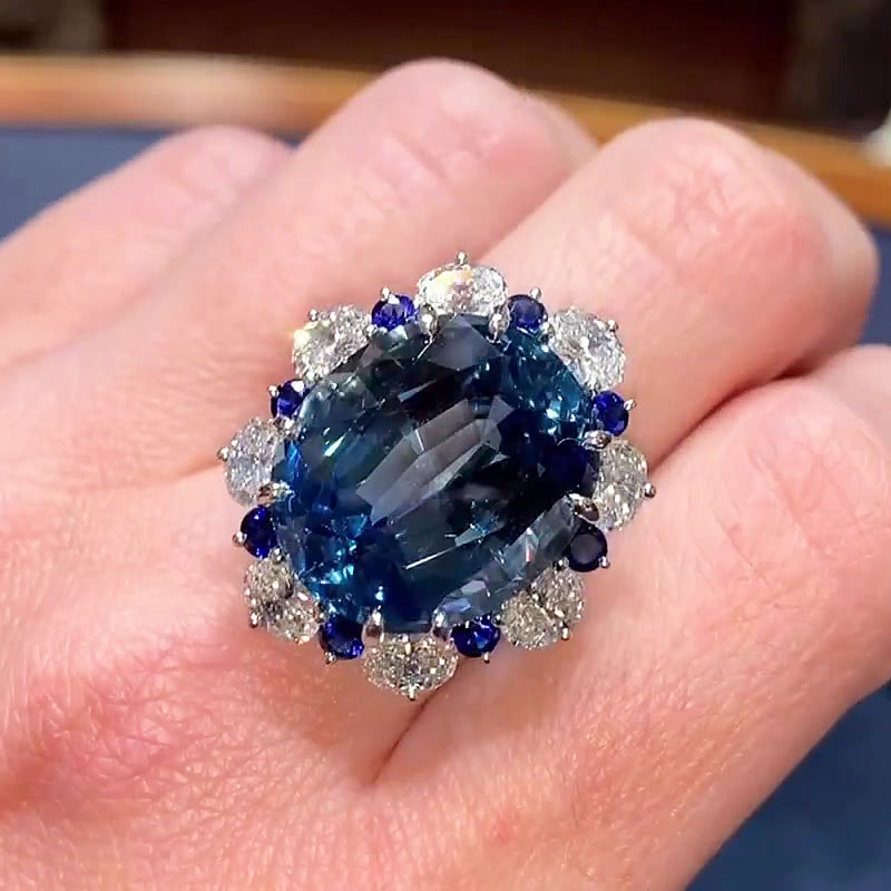 7.65ct Oval Cut Blue Sapphire Engagement Ring