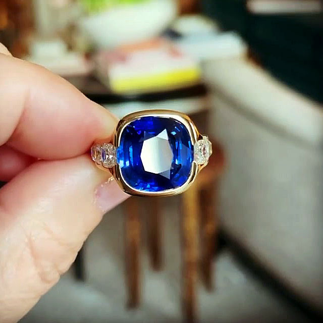 6ct Three-Stone Cushion Cut Blue Sapphire Engagement Ring