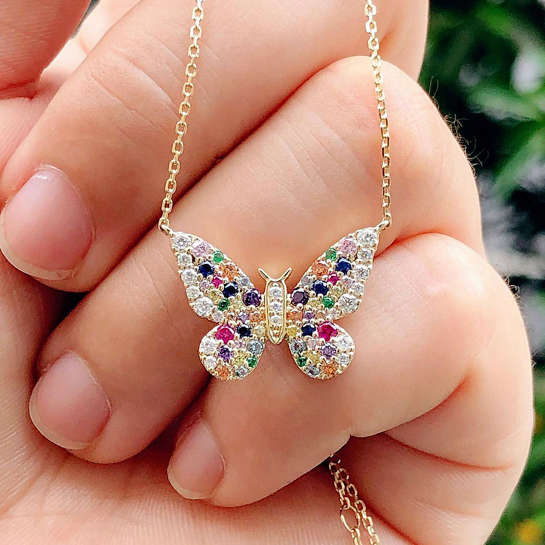 Round Cut Rainbow Butterfly Sapphire Pendant Necklace