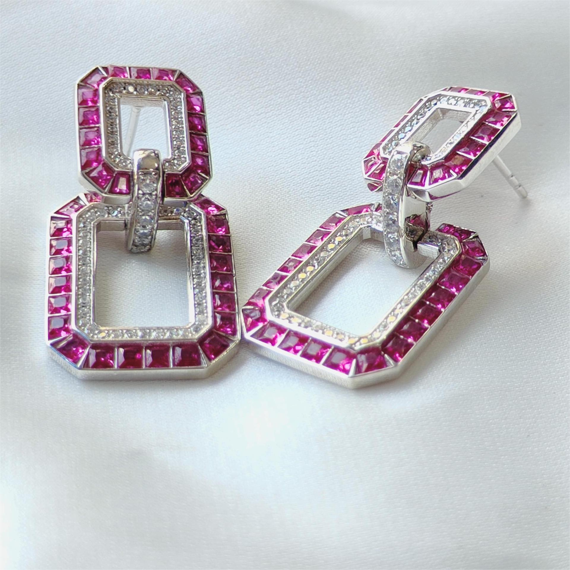 Baguette&Tapered Baguette Cut Ruby Sapphire Hoop Earrings