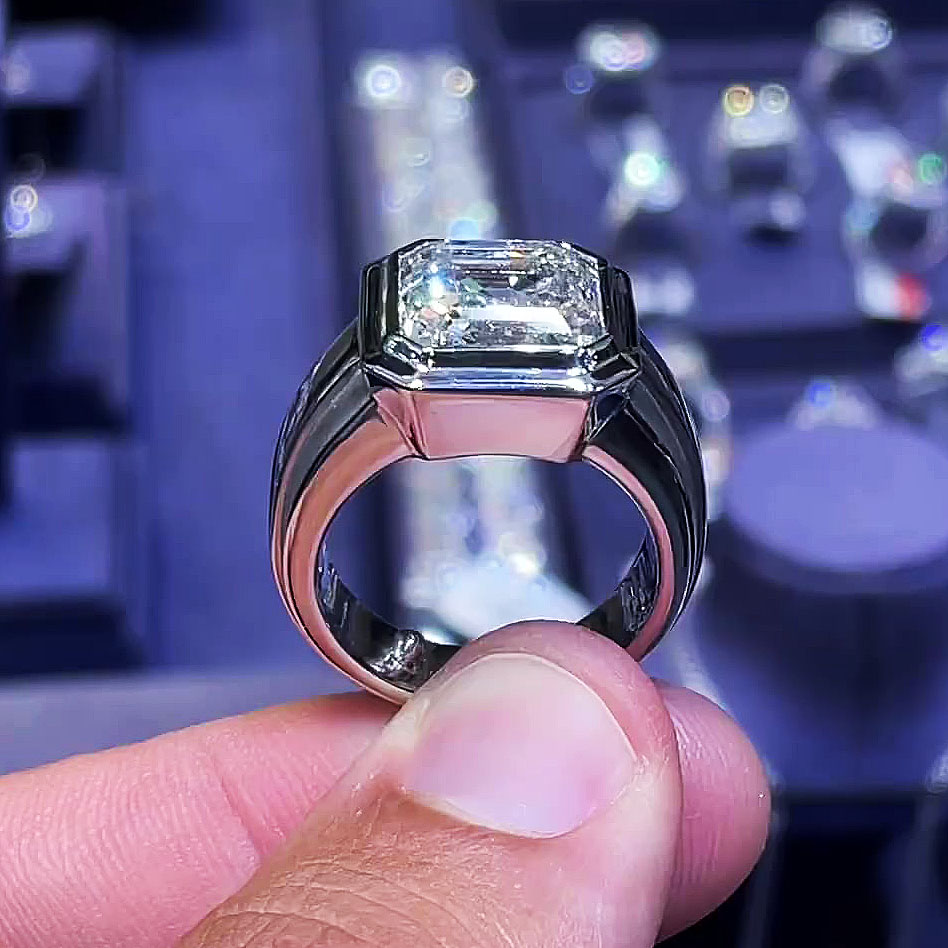 6ct Bezel Setting Asscher Cut White Sapphire Men's Engagement Ring