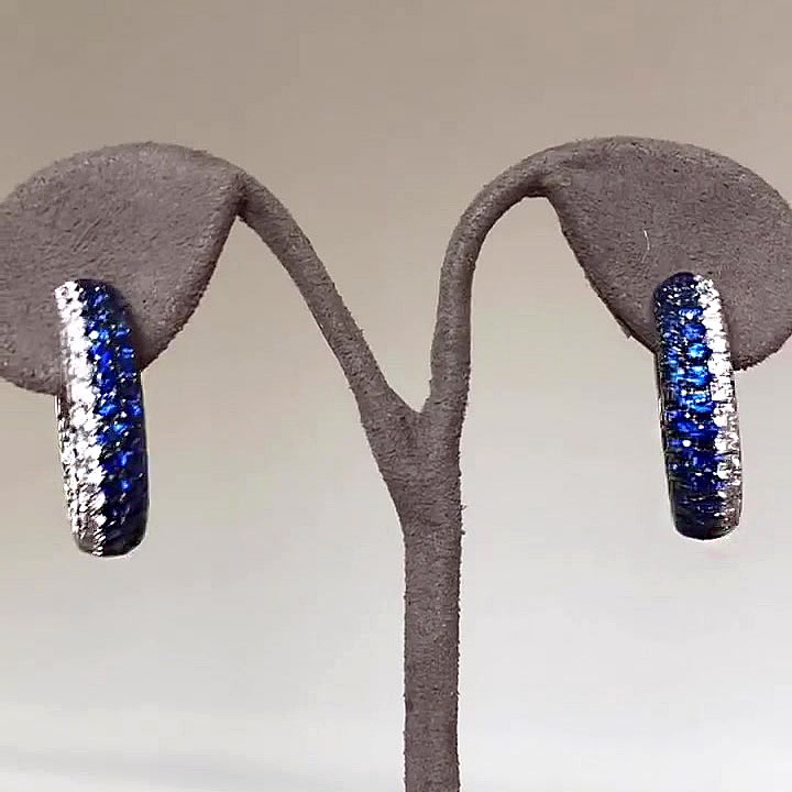 Round Cut White&Blue Sapphire Hoop Earrings
