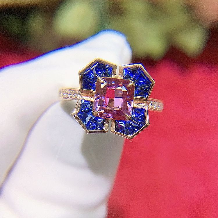 4ct Radiant Cut Blue&Pink Sapphire Engagement Ring
