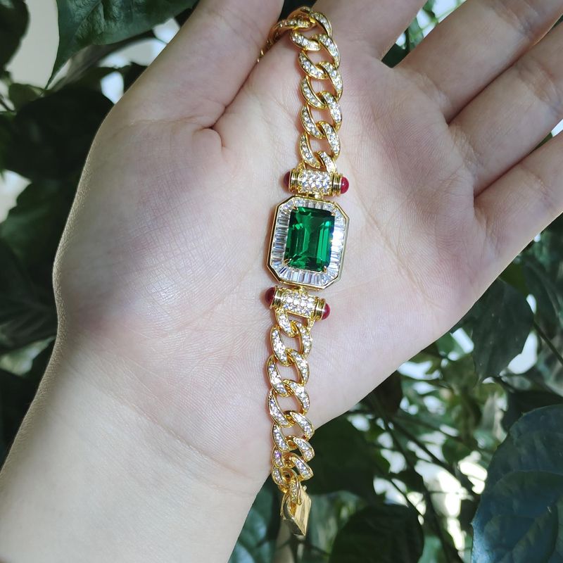 Cuban Chain Emerald Cut Green Sapphire Bracelet