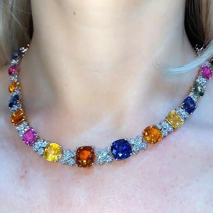 Cushion Cut Rainbow Sapphire Necklace