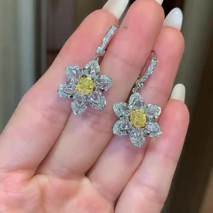 Radiant&Pear Cut Yellow Flower Style Sapphire Drop Earrings