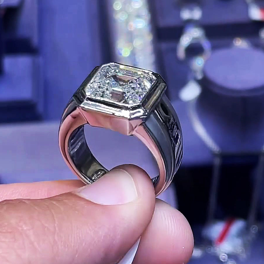 6ct Bezel Setting Asscher Cut White Sapphire Men's Engagement Ring