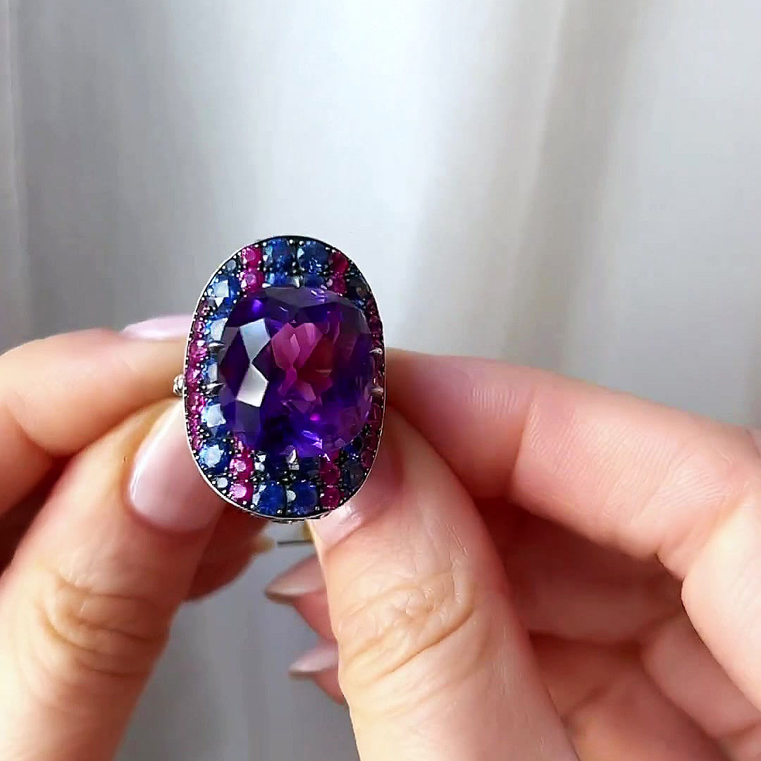 7ct Cushion Cut Amethyst Sapphire Cocktail Ring