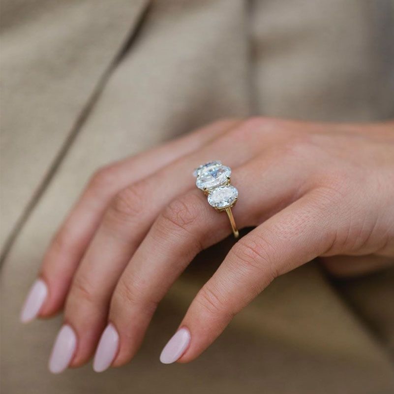 Three Stone Halo Oval Cut White Sapphire Wedding Ring