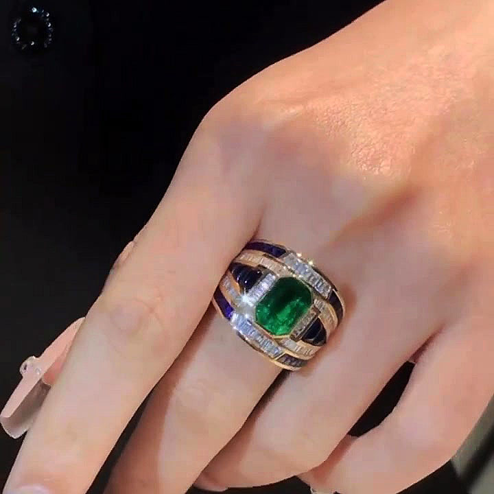 3ct Emerald Cut Emerald Sapphire Cocktail Ring