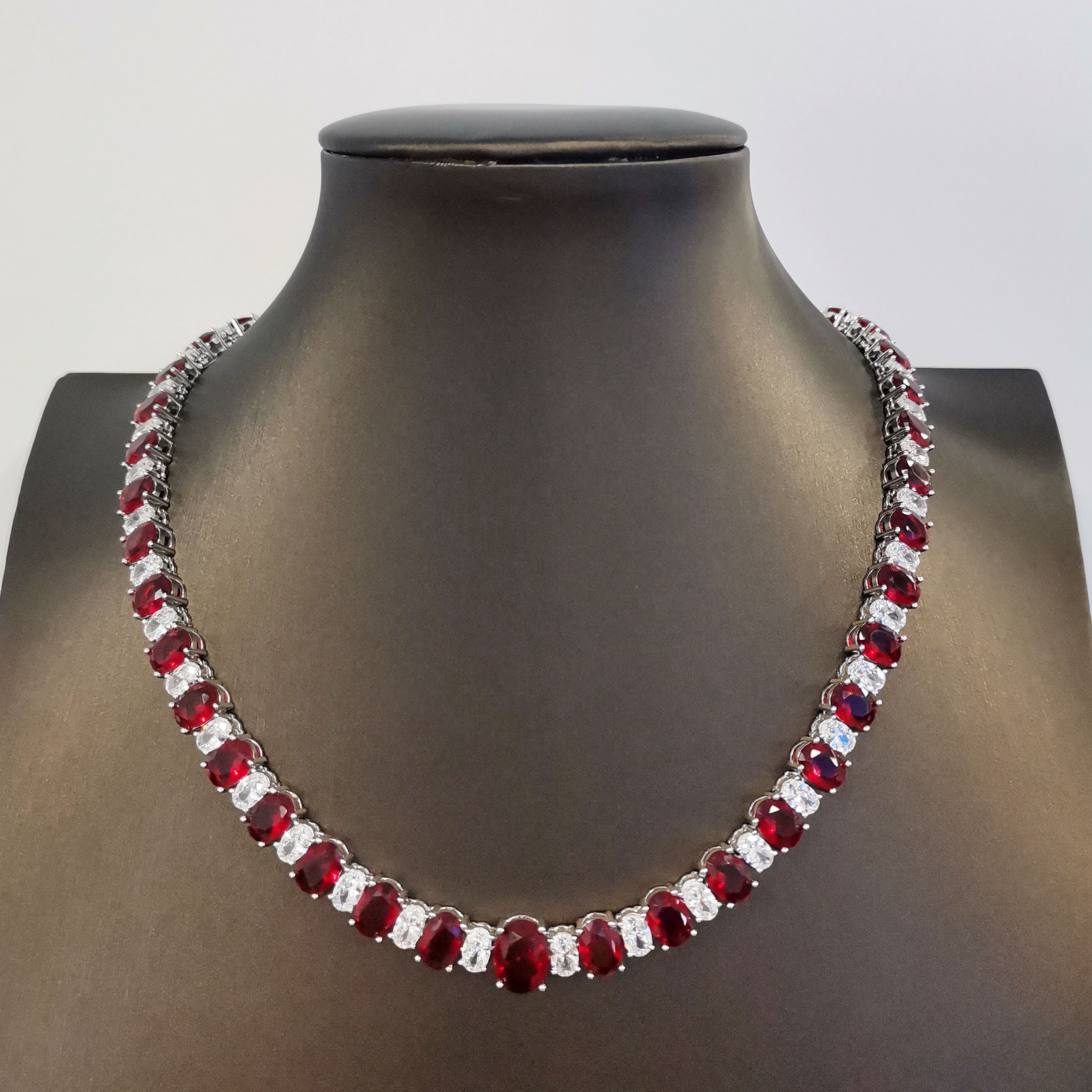 Oval Cut Ruby Sapphire Silver Necklace