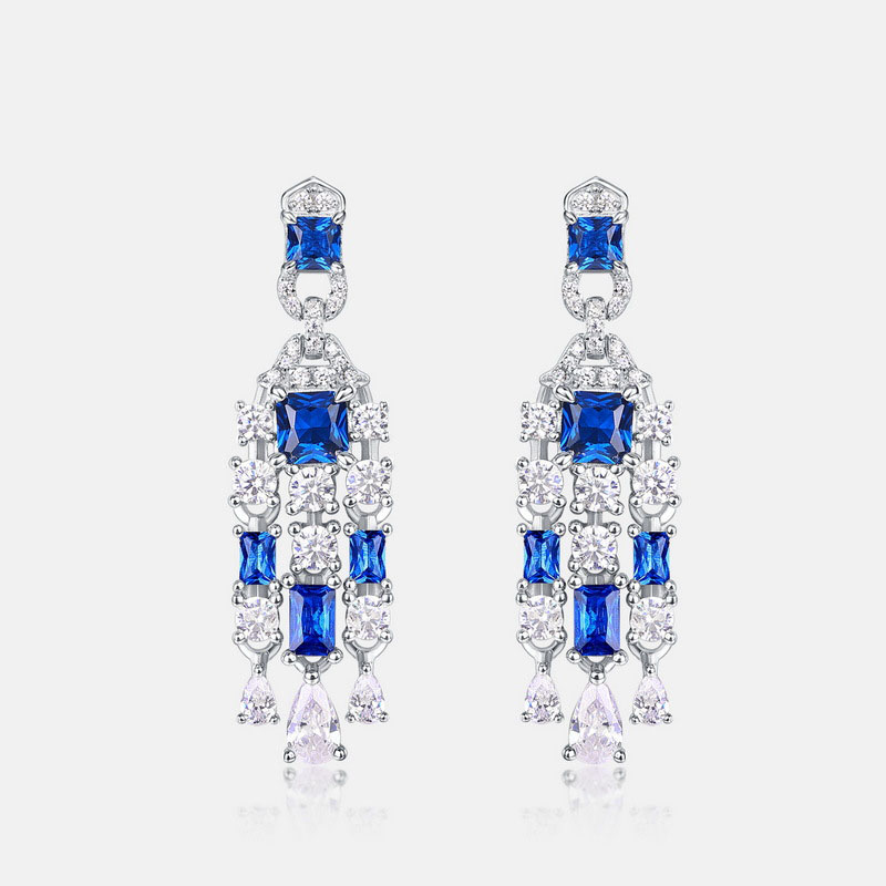 Art Design Radiant Cut Blue Sapphire Drop Earrings