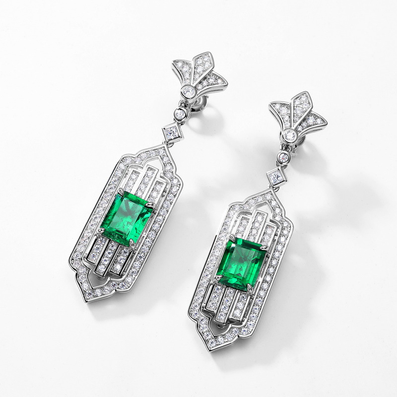Art Deco Emerald Cut Emerald Sapphire Drop Earrings