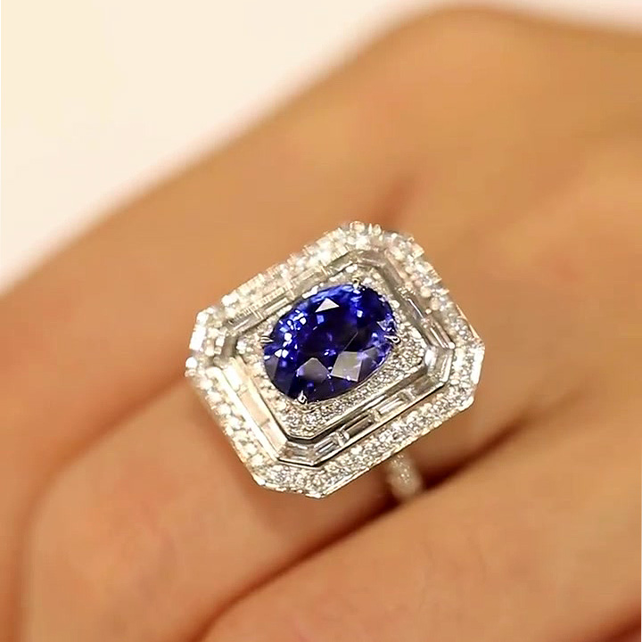 4ct Art Deco Halo Oval Cut Blue Sapphire Engagement Ring