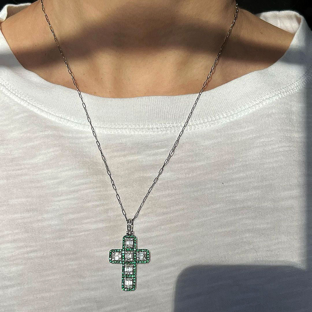 Emerald Cut Emerald Sapphire Pendant Cross necklace