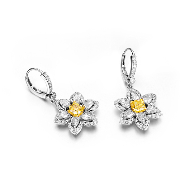 Flower Design Radiant&Pear Cut Yellow Sapphire Drop Earrings