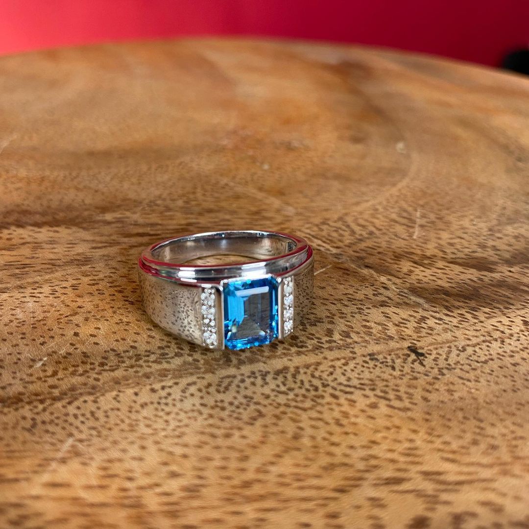 3ct Emerald Cut Aquamarine Sapphire Men's Engagement Ring