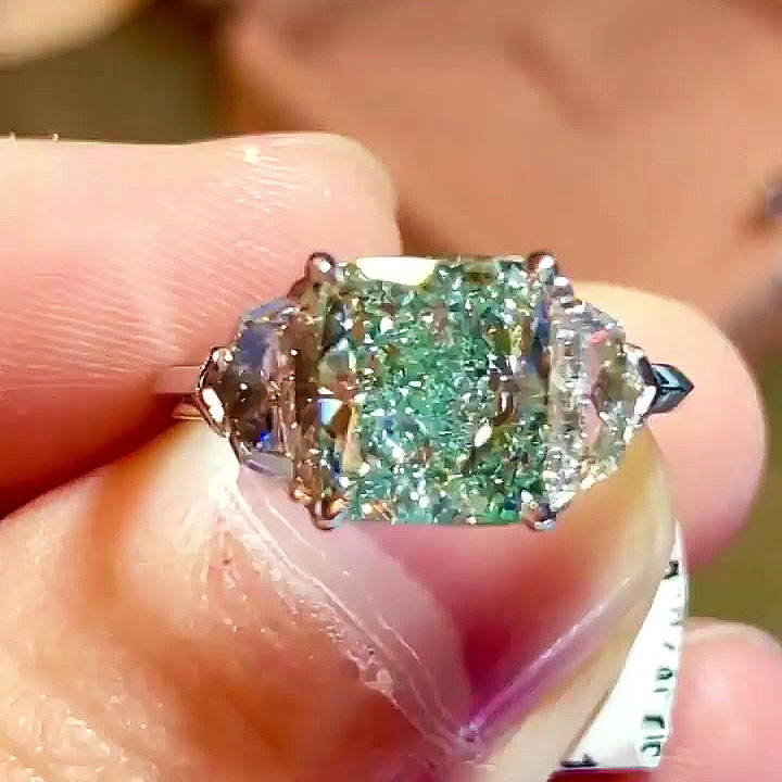4ct Three Stone Radiant Cut Green Sapphire Engagement Ring