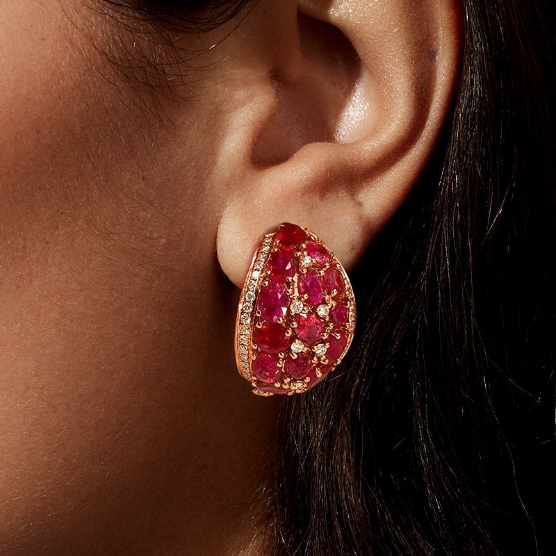 Oval Cut Rose Gold Italian Style Ruby Sapphire Hoops Earrings