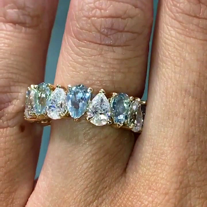 6.25ct Pear Cut White&Aquamarine Sapphire Eternity Ring
