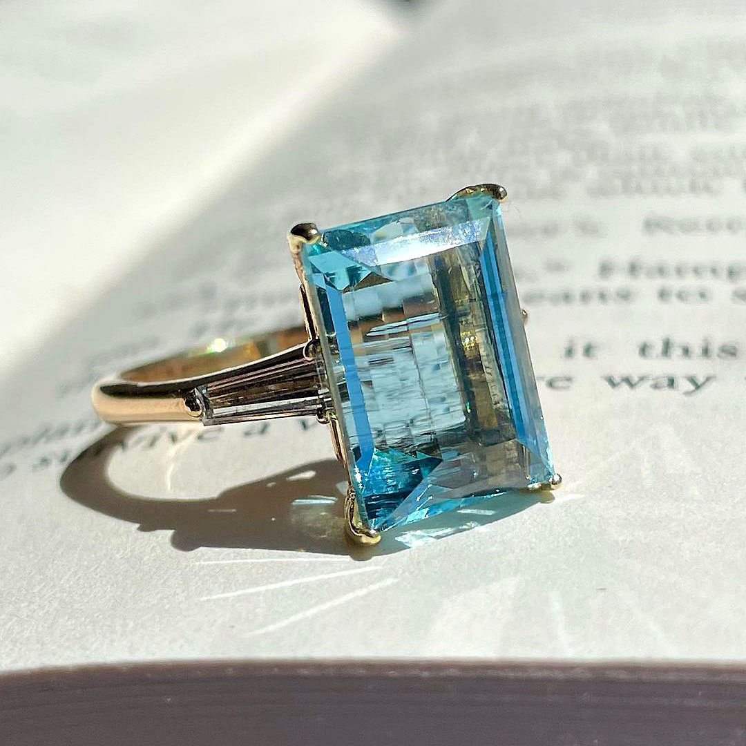 7ct Emerald Cut Aquamarine Sapphire Engagement Ring