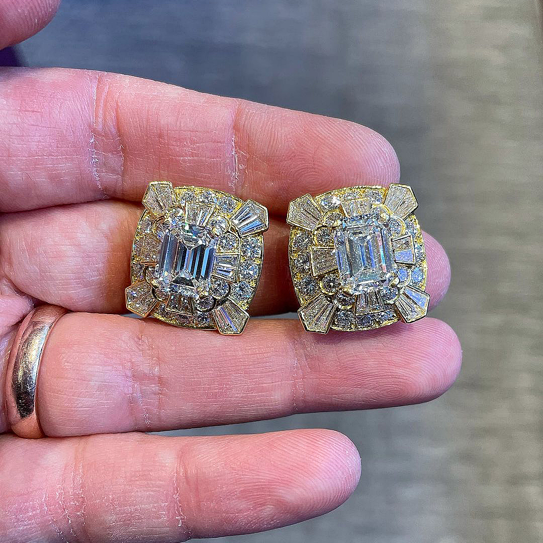 Art Design Emerald Cut White Sapphire Stud Earrings