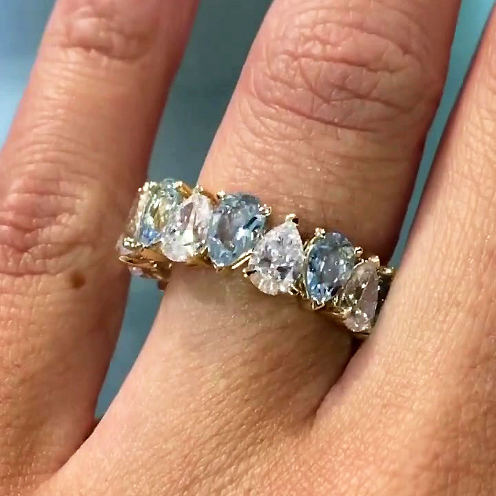 6.25ct Pear Cut White&Aquamarine Sapphire Eternity Ring