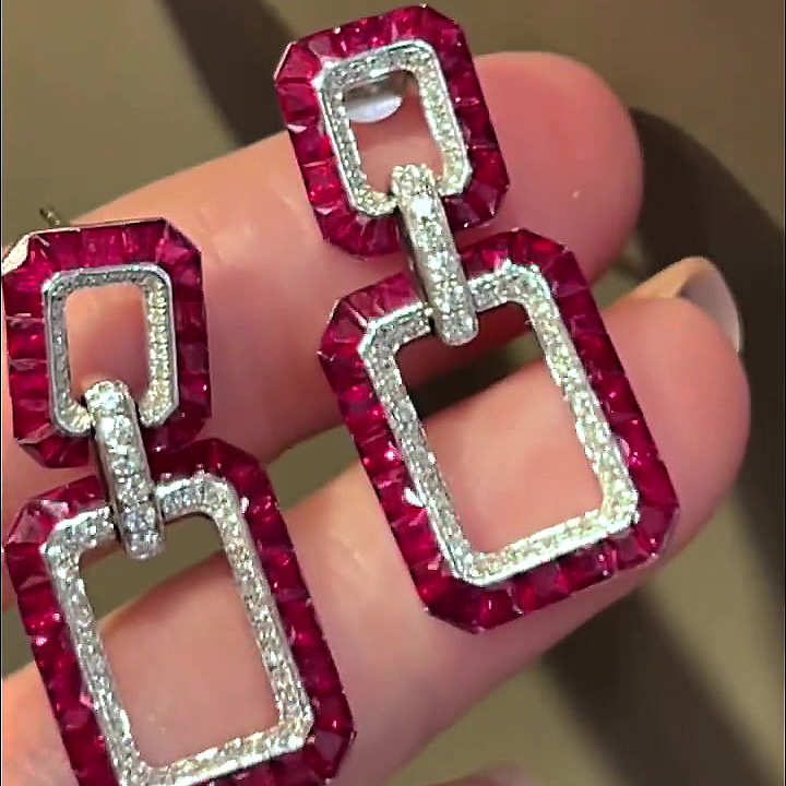 Baguette&Tapered Baguette Cut Ruby Sapphire Drop Earrings