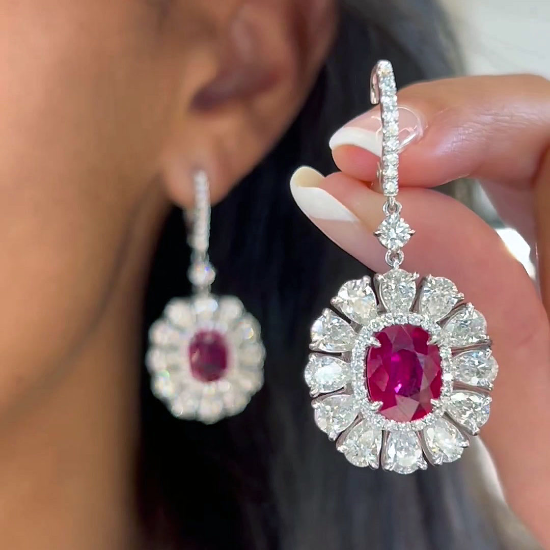 Sunflower Cushion Cut Ruby Sapphire Drop Earrings
