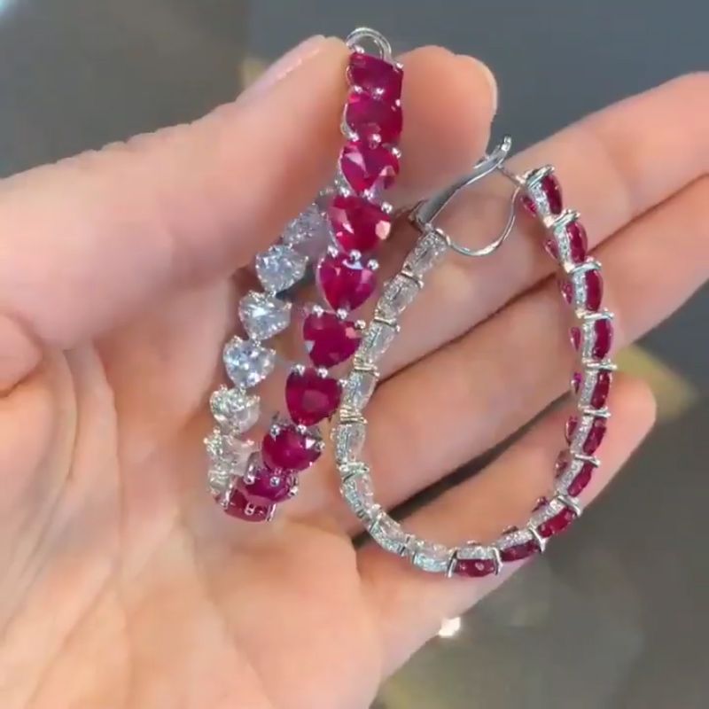 Heart Cut Ruby & White Hoop Earrings In Sterling Silver