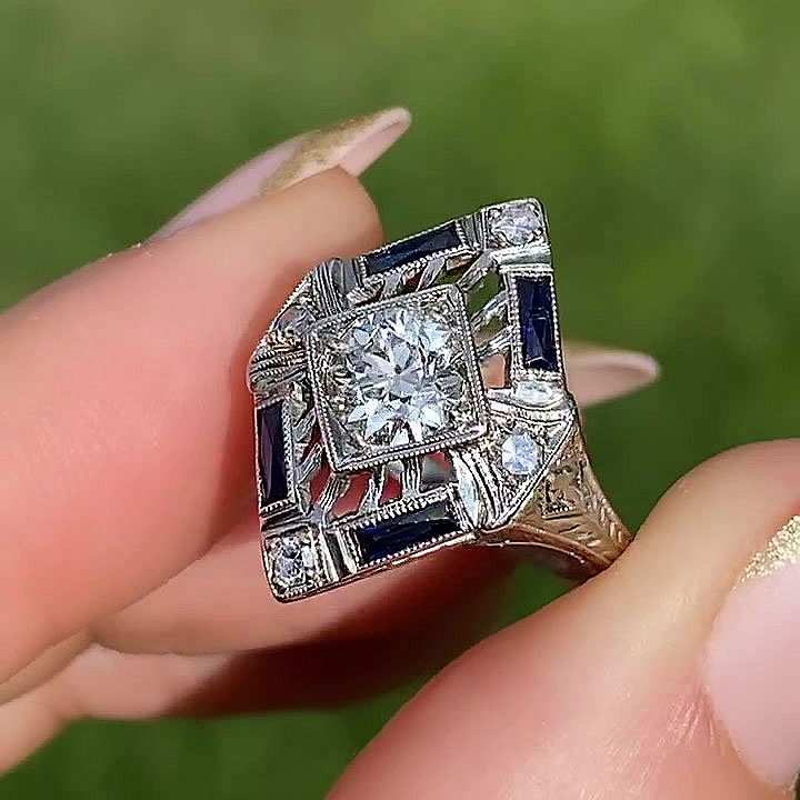 3ct Art Deco Round Cut Blue Sapphire Engagement Ring