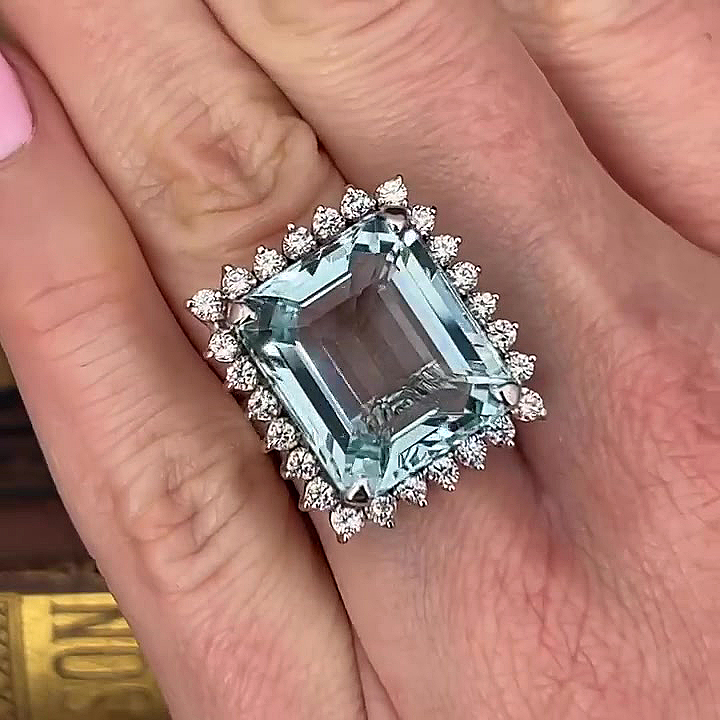 7ct Halo Emerald Cut Aquamarine Sapphire Engagement Ring