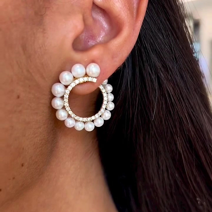 Round Cut White Sapphire Pearl Earrings