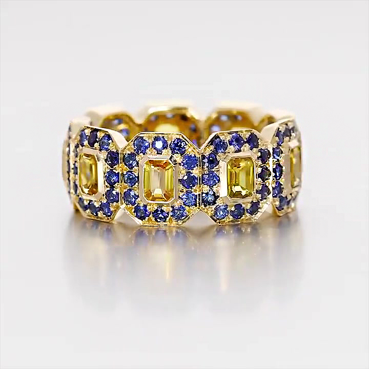 6.15ct Emerald Cut Yellow&Blue Sapphire Eternity Ring