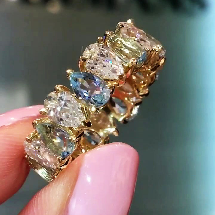 6.25ct Pear Cut White&Aquamarine Sapphire Eternity Ring
