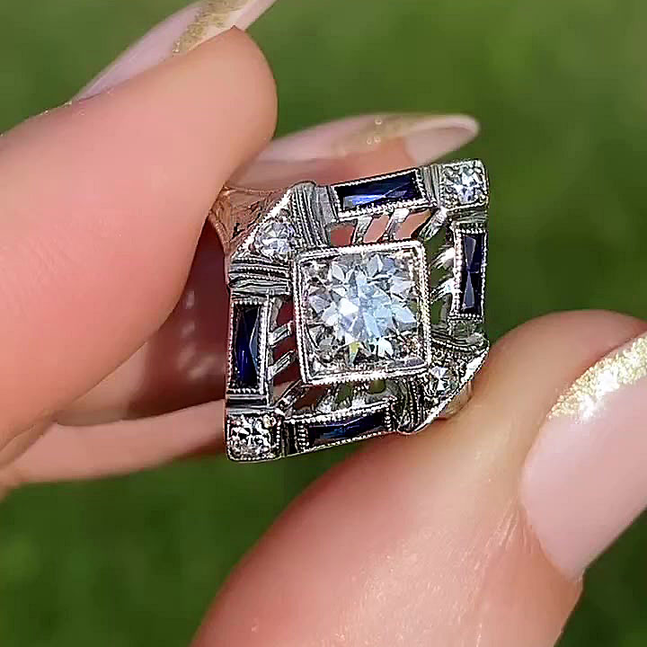 3ct Art Deco Round Cut Blue Sapphire Engagement Ring