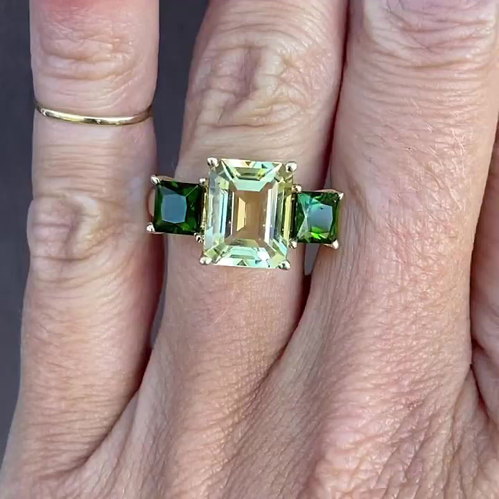 4ct Three-Stone Emerald Cut Green Sapphire Engagement Ring