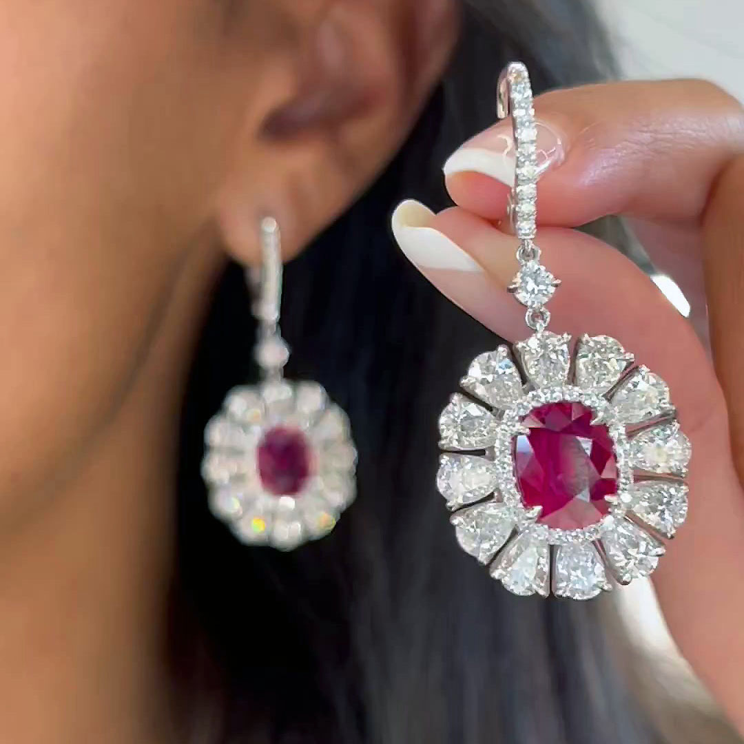 Sunflower Cushion Cut Ruby Sapphire Drop Earrings