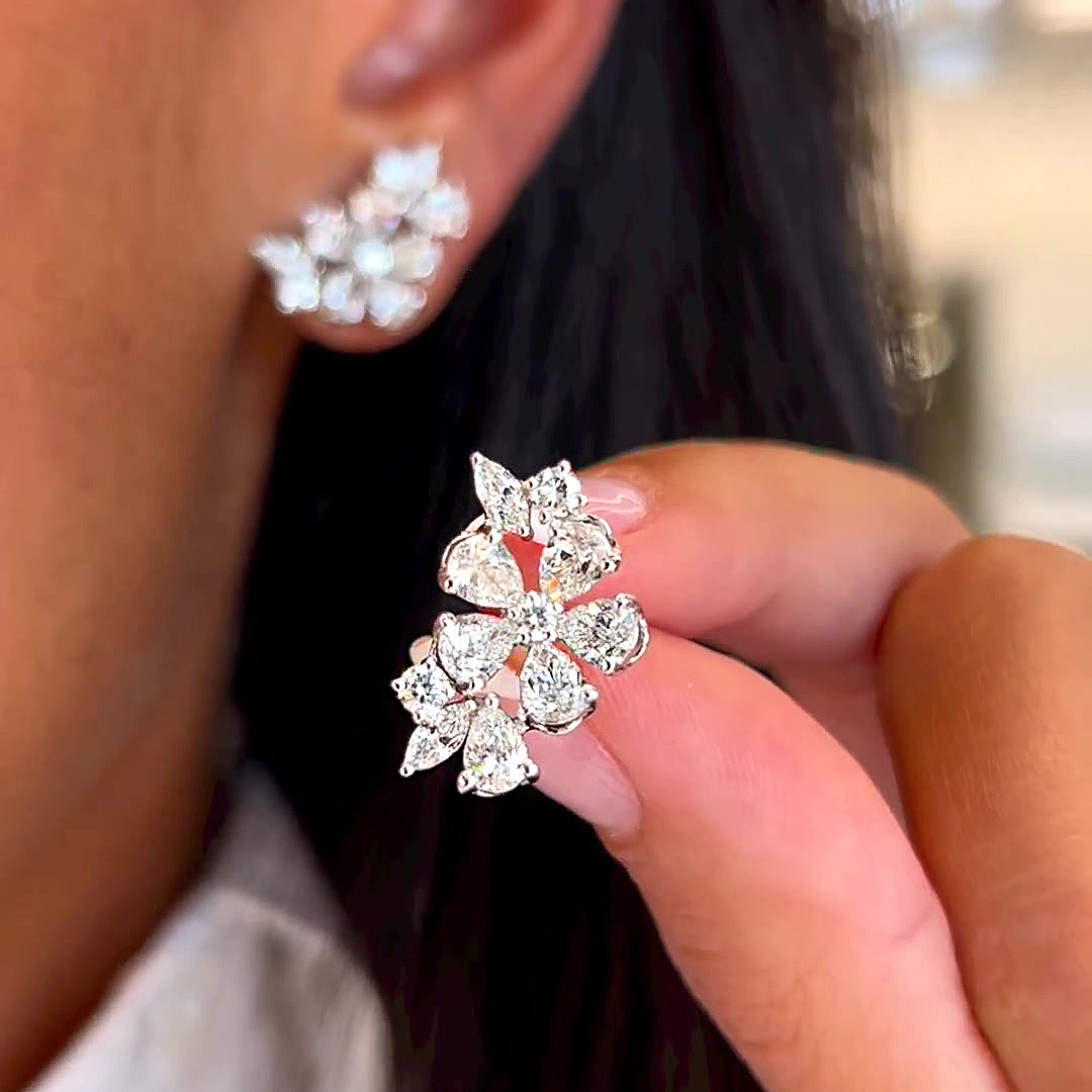 Flower Design Pear Cut White Sapphire Stud Earrings