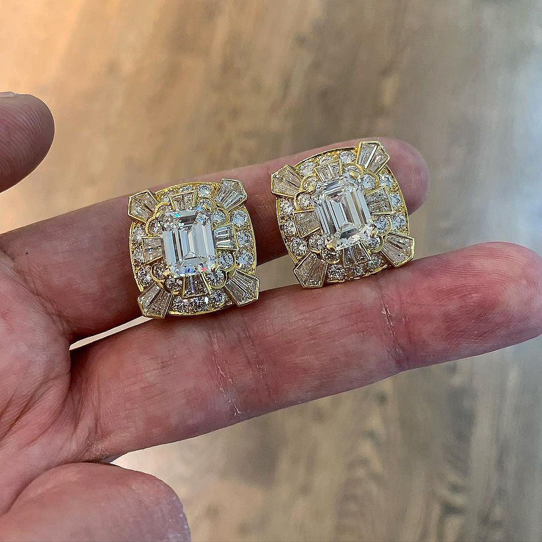 Art Design Emerald Cut White Sapphire Stud Earrings