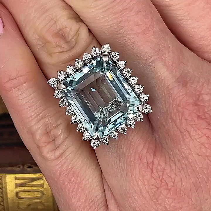 7ct Halo Emerald Cut Aquamarine Sapphire Engagement Ring