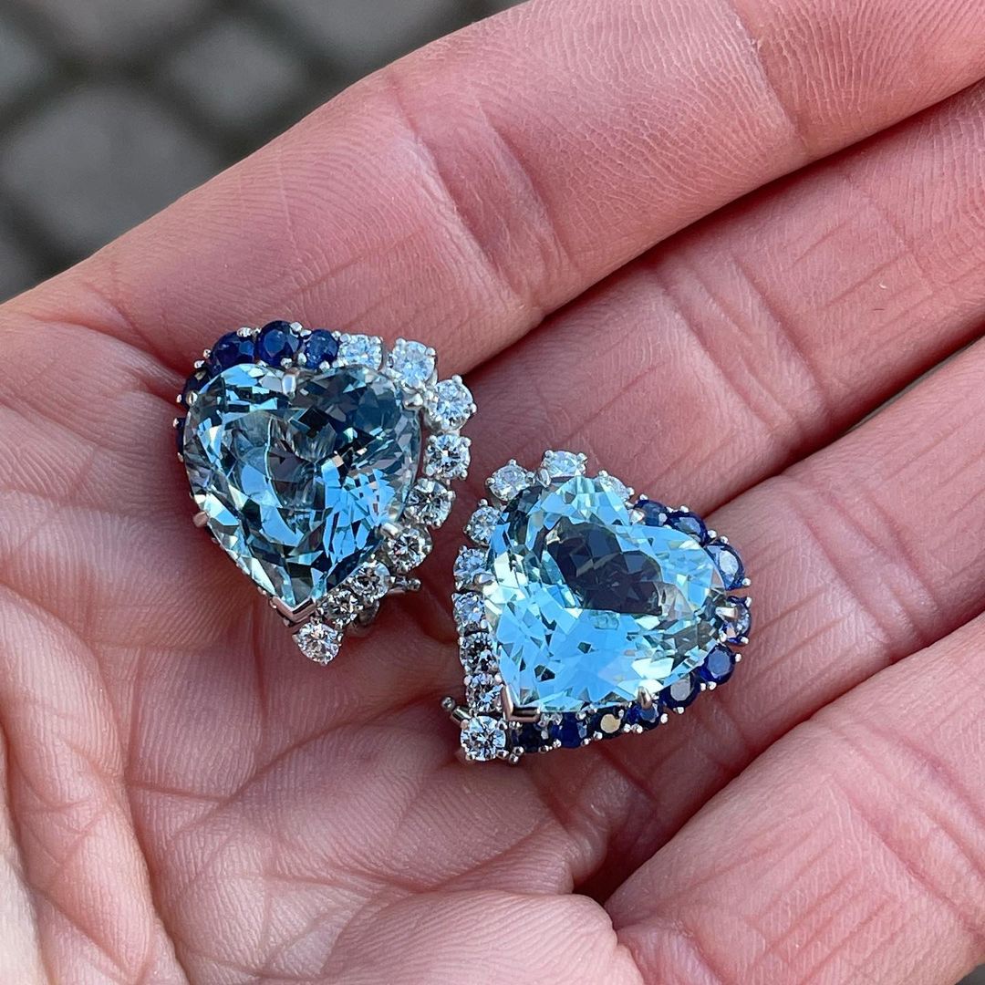 Heart Cut Aquamarine Sapphire Stud Earrings