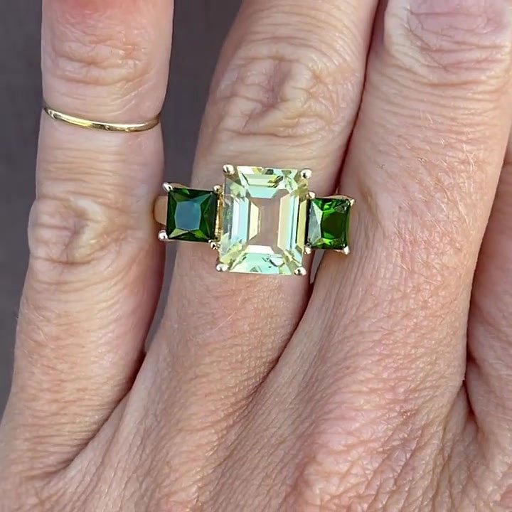 4ct Three-Stone Emerald Cut Green Sapphire Engagement Ring
