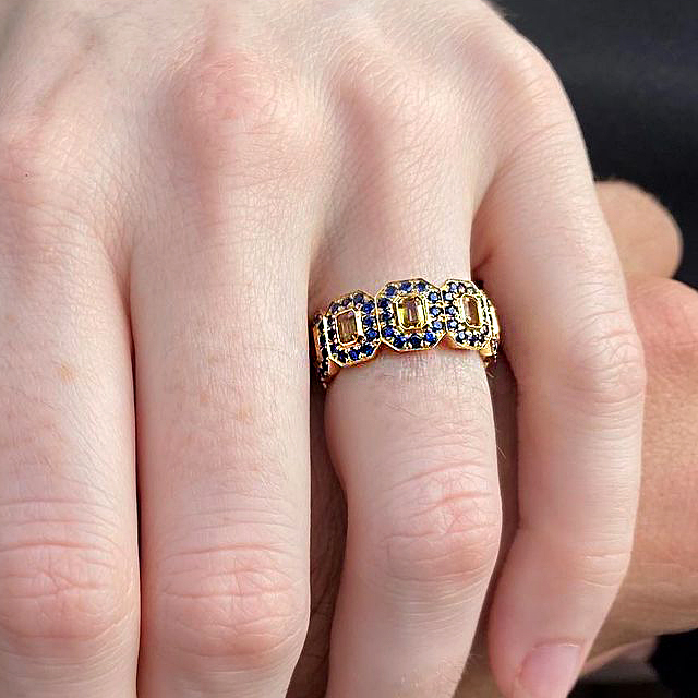 6.15ct Emerald Cut Yellow&Blue Sapphire Eternity Ring