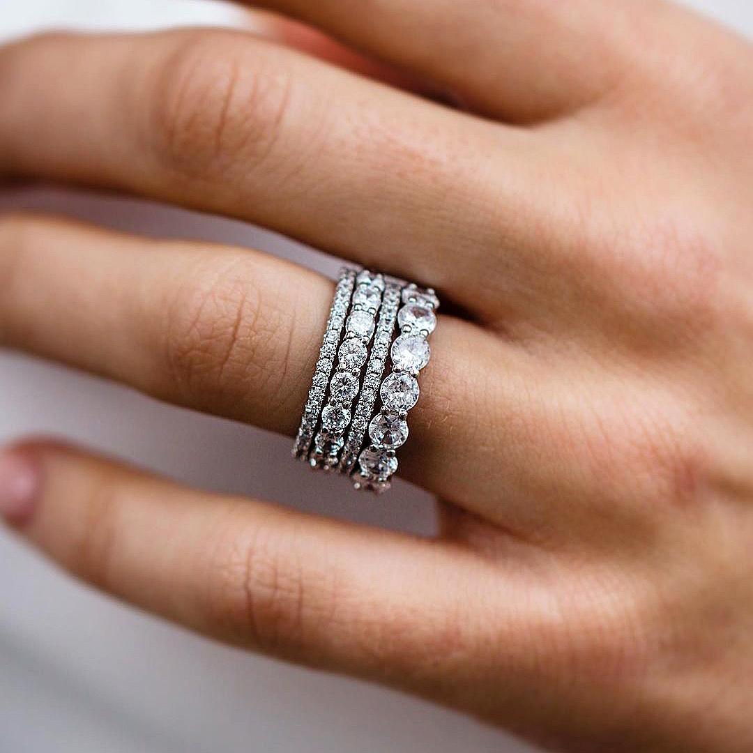 7.5ct Round Cut White Sapphire Stacking Ring Set / 4pcs