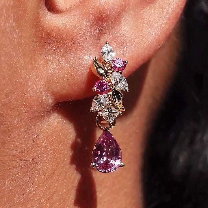 Pear Cut Pink Sapphire Drop Earrings 2 in 1