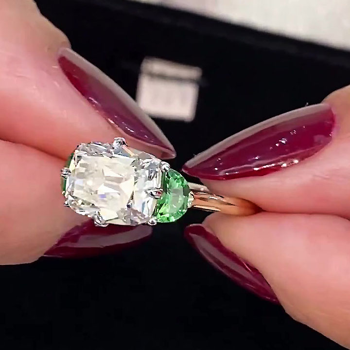 5ct Three-Stone Cushion Cut Green Sapphire Engagement Ring