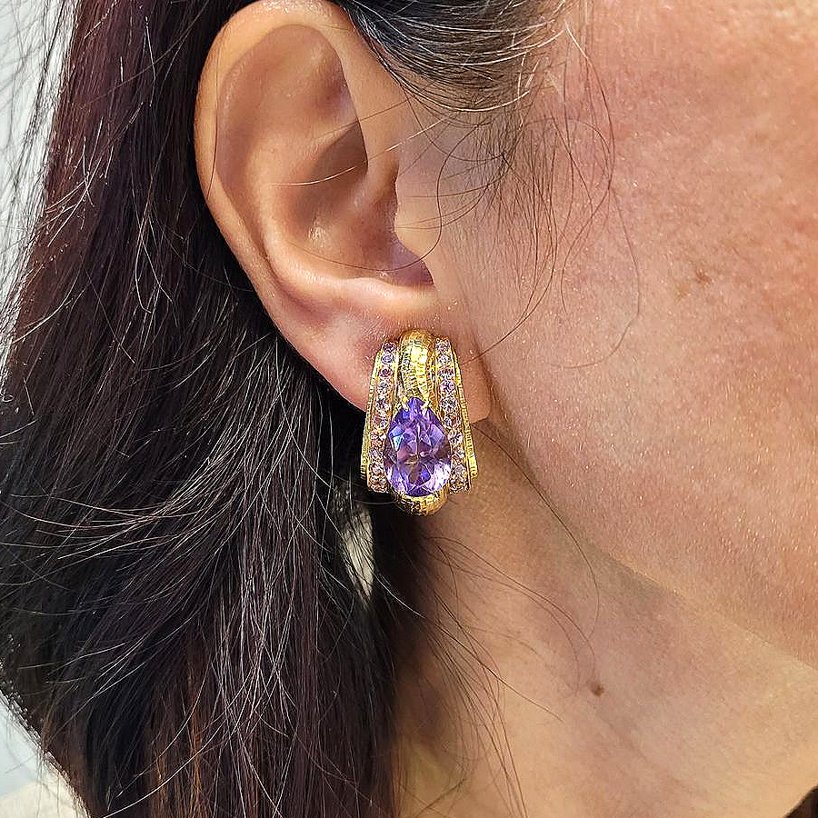 Vintage Design Pear Cut Amethyst Sapphire Hoop Earrings