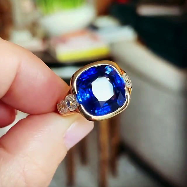 6ct Three-Stone Cushion Cut Blue Sapphire Engagement Ring